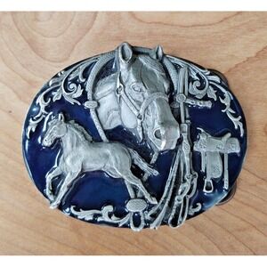 1988 SISKIYOU BLUE ENAMEL HORSES SADDLE BELT BUCKLE K-80 Williams Oregon